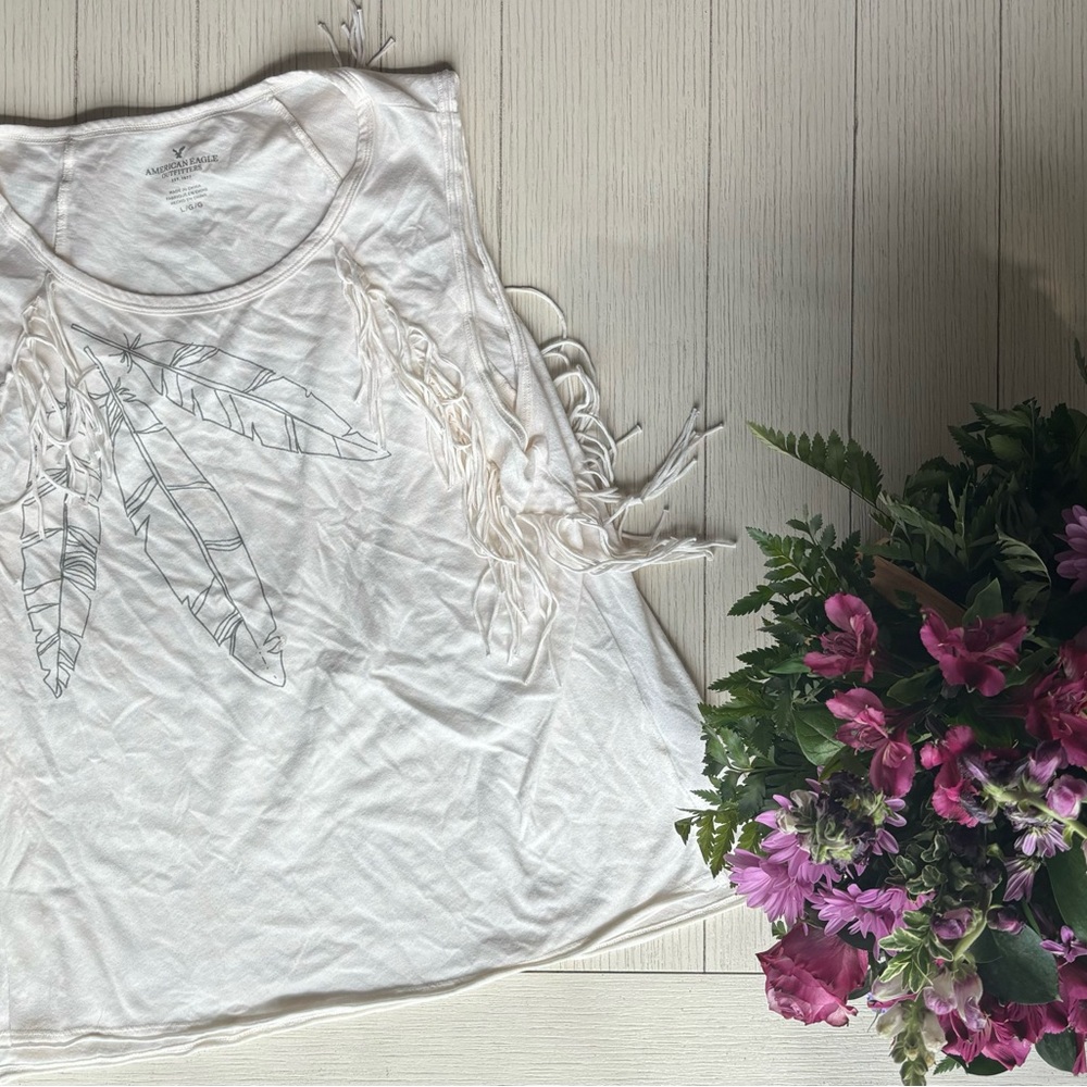 American Eagle Outfitters Feather Print Tank with Tassles